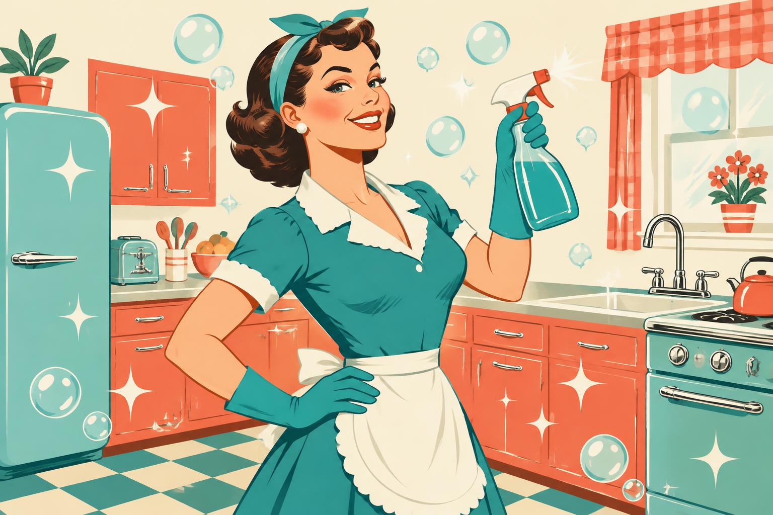 Retro illustration of a cleaner making a kitchen sparkle
